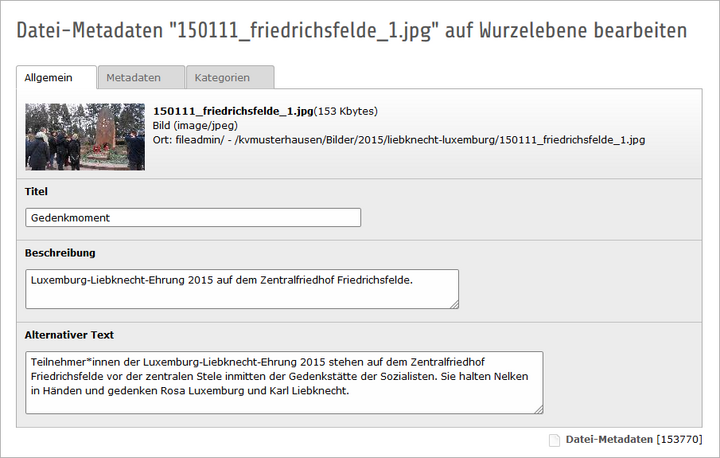 Dialog zu Metadaten eines Bilds Dieses Bildschirmfoto zeigt den Dialog im Backend, in dem Bildtitel, Alternativer Text und Bildunterschrift eines Bilds vom Liebknecht-Luxemburg-Gedenken im Januar 2015 bearbeitet werden