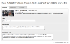 Dialog zu Metadaten eines Bilds Dieses Bildschirmfoto zeigt den Dialog im Backend, in dem Bildtitel, Alternativer Text und Bildunterschrift eines Bilds vom Liebknecht-Luxemburg-Gedenken im Januar 2015 bearbeitet werden