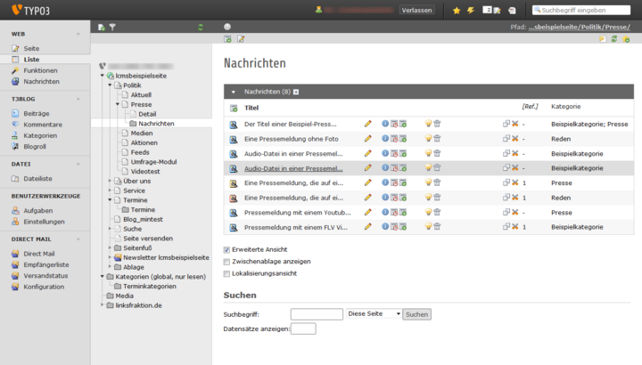 Bildschirmfoto des Backends des LINKEN CMS mit TYPO3 CMS 6.2 LTS Ein Bildschirmfoto des Backends des LINKEN CMS mit TYPO3 CMS 6.2 LTS. Ausgewählt ist das Listenmodul.
